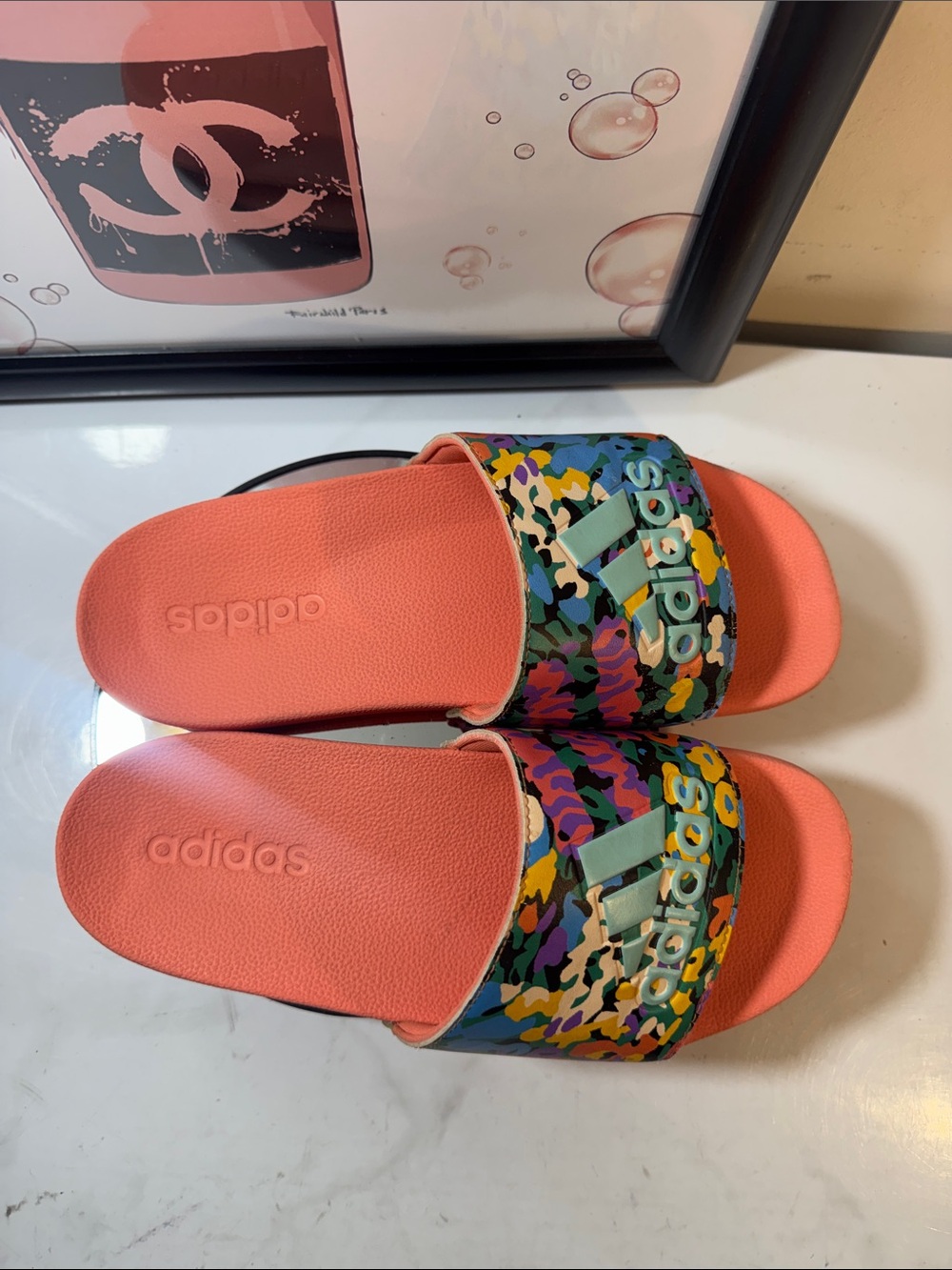 Adidas Coral Slide Sandals with Multicolor Floral Strap - Youth Size 5